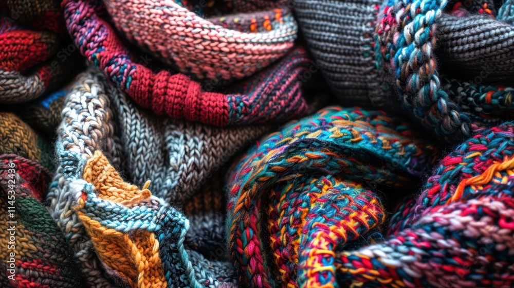 Poster colorful textiles in warm knitted patterns and textures