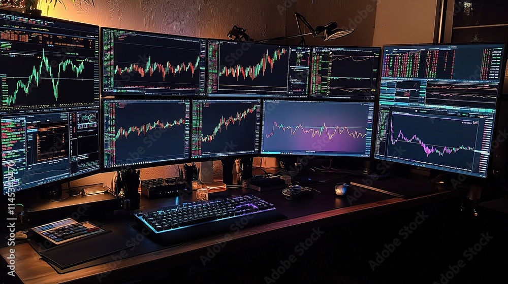Poster modern trader workspace with vibrant stock charts and monitors