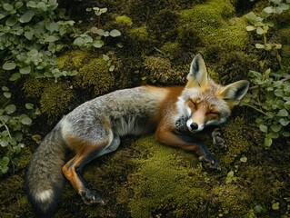 Fox Resting Peacefully in Mossy Forest Underbrush During Daylight