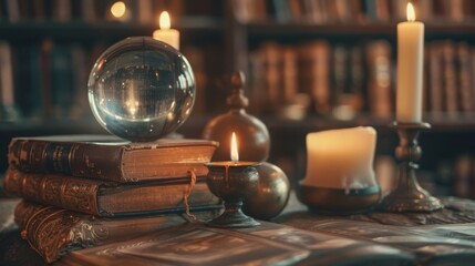 Fototapeta premium Mystic Reading with Crystal Globe and Candles in Cozy Library