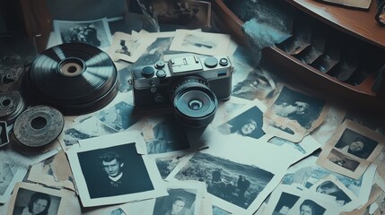 Vintage Camera Surrounded by Old Photographs and Vinyl Records