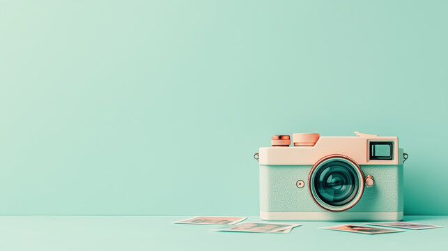 A vintage Polaroid camera with a sleek white and pastel design sits on a minimalistic surface, surrounded by scattered Polaroid prints, creating a soft and nostalgic aesthetic. - Powered by Adobe
