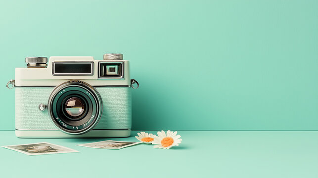 A vintage Polaroid camera in white and pastel green is beautifully displayed with delicate daisies and scattered Polaroid prints, evoking a nostalgic and artistic vibe.