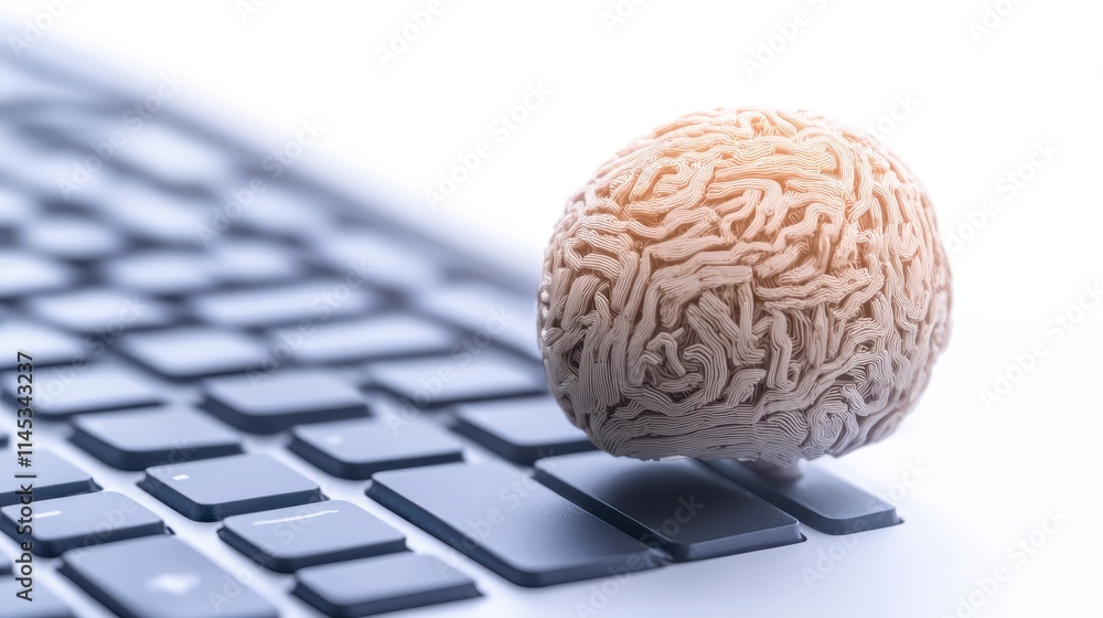 Poster a brain-shaped object rests on a keyboard, symbolizing the intersection of technology and intelligen