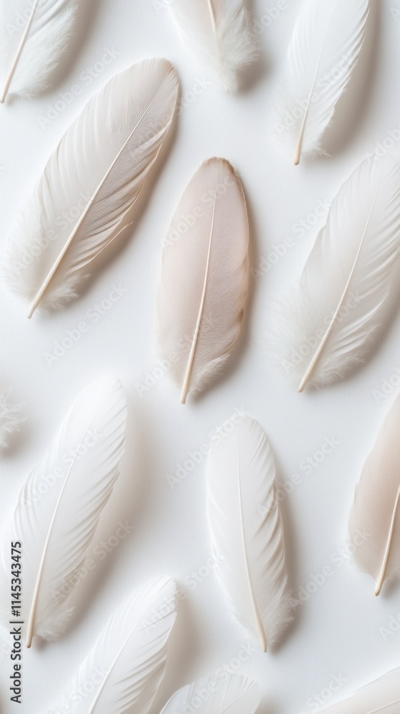 Poster close-up view of scattered natural eiderdown feathers in soft delicate textures against a smooth whi