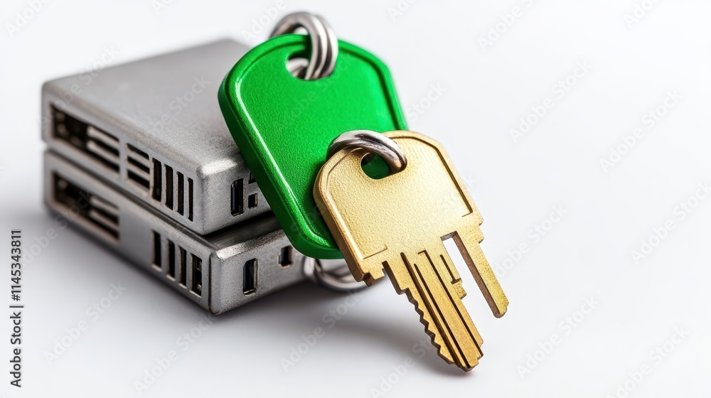 Poster a close-up of a green padlock and key on two silver storage devices, symbolizing data security and p