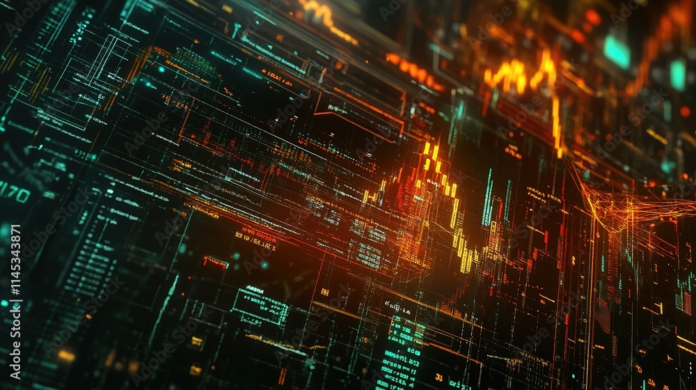Poster abstract stock market interface with bright data visualizations