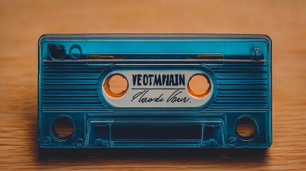 Fototapeta premium A close-up of a retro blue cassette tape encased in a transparent shell with a handwritten label, resting on a wooden surface, evoking nostalgic vibes and the charm of analog audio media.