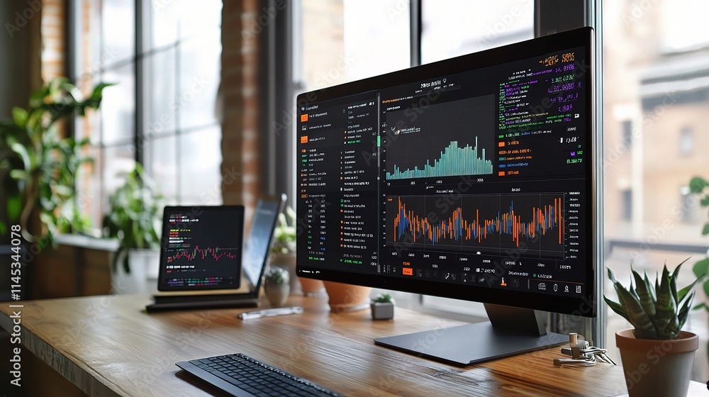 Poster dynamic stock market analytics dashboard in modern office setting