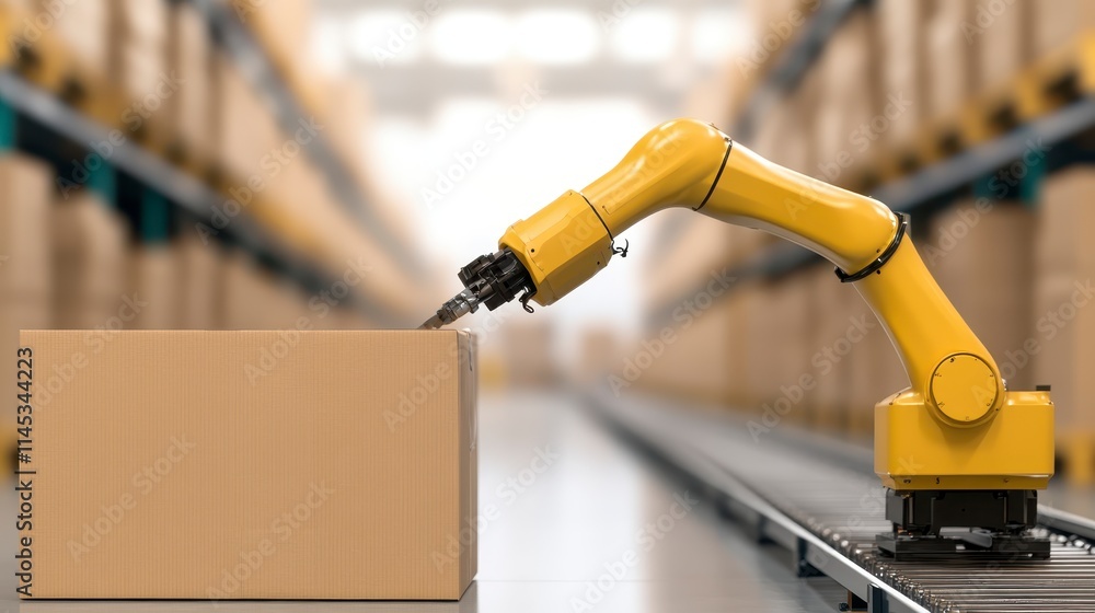 Poster a robotic arm is handling a cardboard box in a warehouse, showcasing automation and efficiency in lo