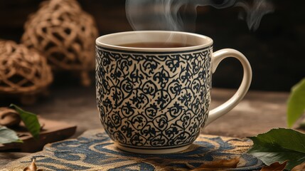 Elegant Teacup with Steam Rising, Warm Beverage on Rustic Table