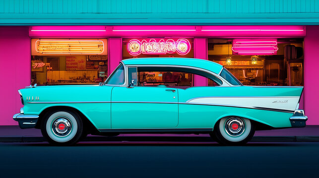 A beautifully restored turquoise 1950s car with chrome details parked by a retro diner, illuminated by vibrant neon signs, capturing a nostalgic midcentury aesthetic during the evening.