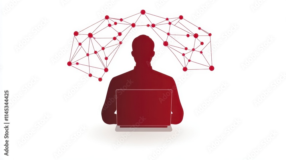 Poster a silhouette of a person with a laptop, surrounded by a network of connected nodes, symbolizing tech