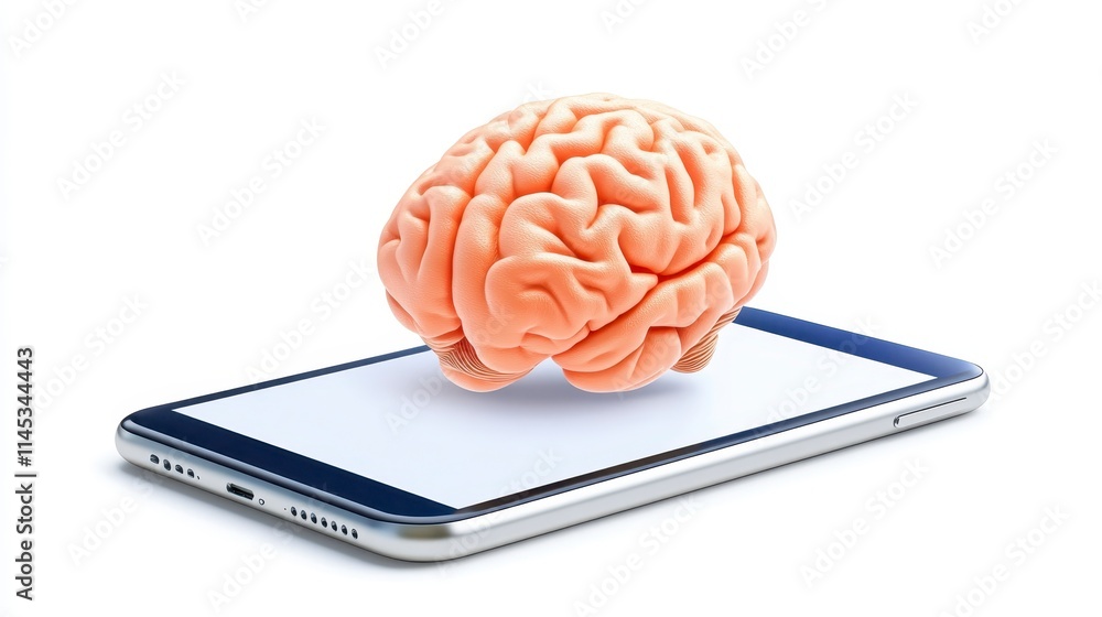Poster a smartphone displaying a realistic brain, symbolizing the fusion of technology and human cognition.