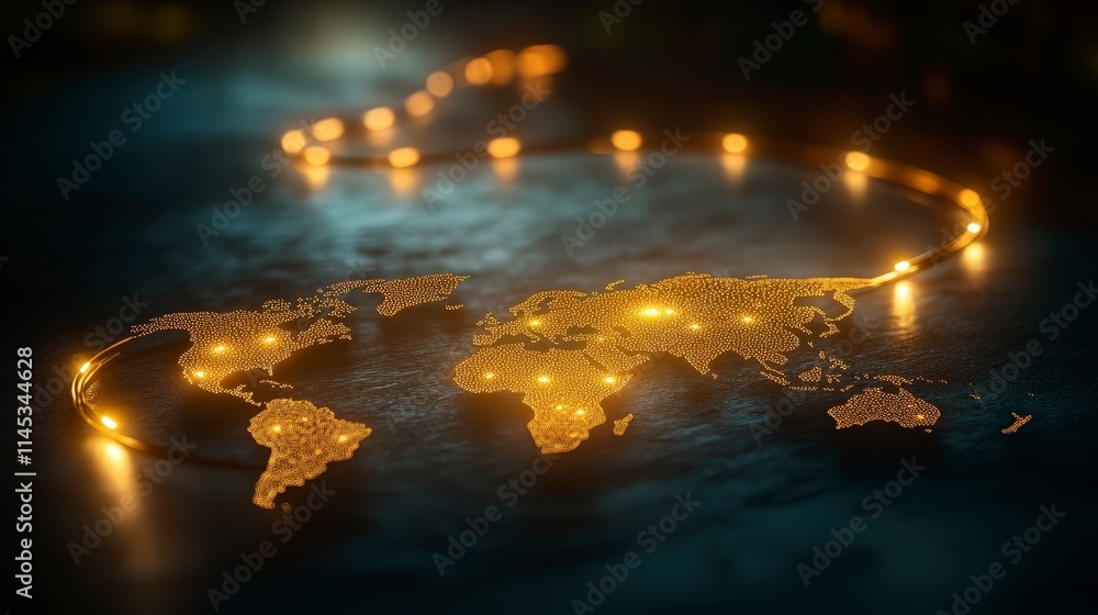 Poster a world map made of glowing dots is connected by a luminous swirling line. this image represents glo
