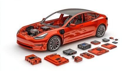Naklejka premium A detailed view of a red car, showcasing its disassembled parts and electric components, emphasizing modern automotive design and technology.