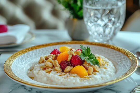 A beautifully presented bowl of daliya topped with fruits and nuts.