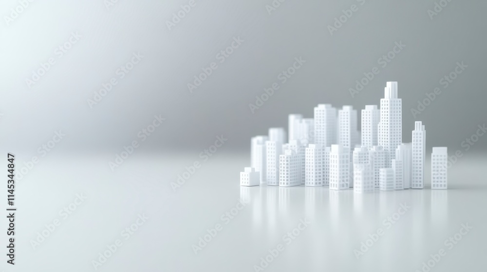 Poster a minimalistic representation of a cityscape with white buildings on a smooth surface, emphasizing m