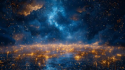 Magical night sky reflected on water, glowing particles.
