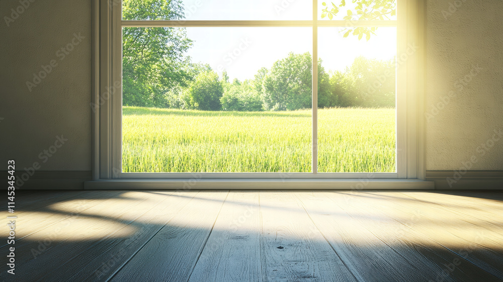 Poster an empty room with a wooden floor and a window looking out onto a grassy field on a sunny day. sunli