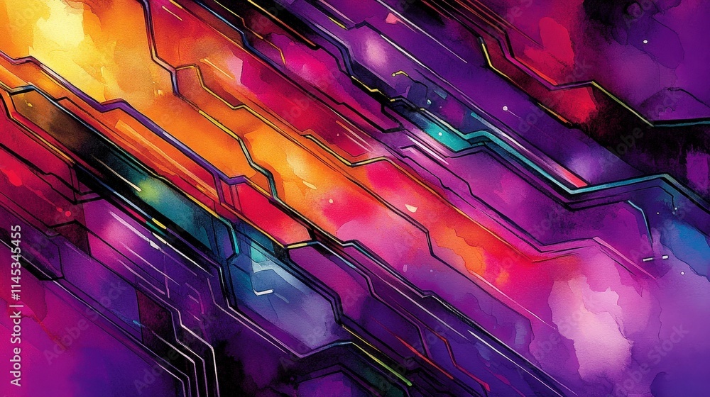 Poster vivid watercolor strokes blend with geometric lines creating an abstract futuristic design. bright c