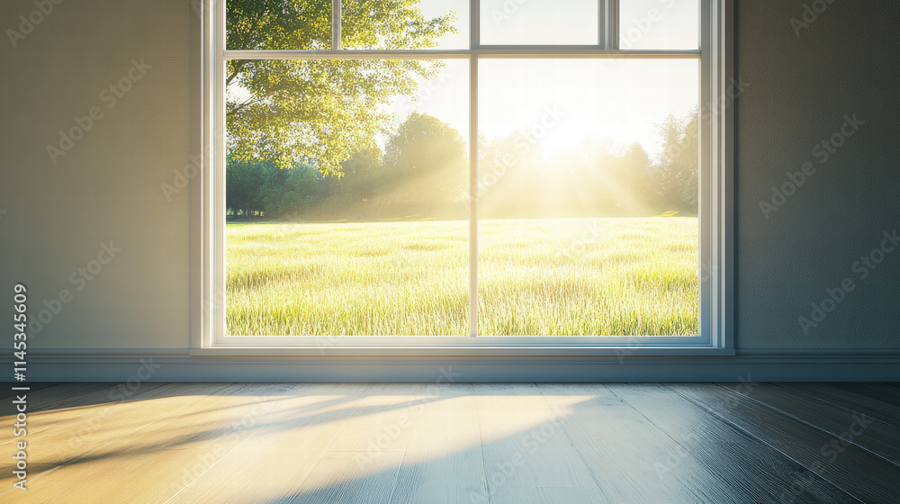 Poster an empty room with a wooden floor and a window looking out onto a grassy field on a sunny day. sunli
