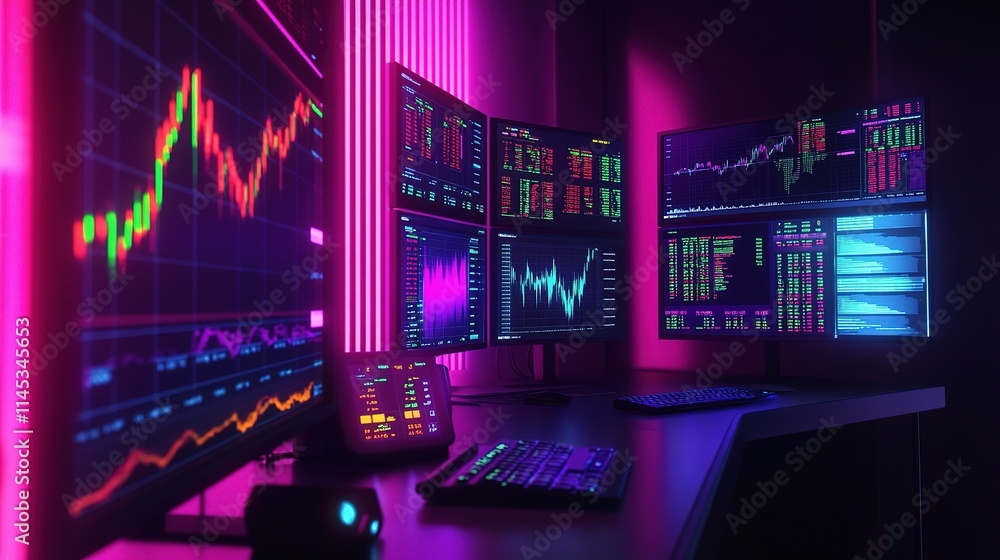Poster modern vibrant trader workspace with stock charts and screens