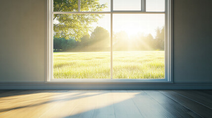 Obraz premium An empty room with a wooden floor and a window looking out onto a grassy field on a sunny day. Sunlight streams through the window