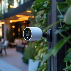 Outdoor White Security Camera, Advanced Design with Branding, Mounted on Dark Wall, Surrounded by Lush Greenery, Ideal for Product Advertising or Smart Home Technology