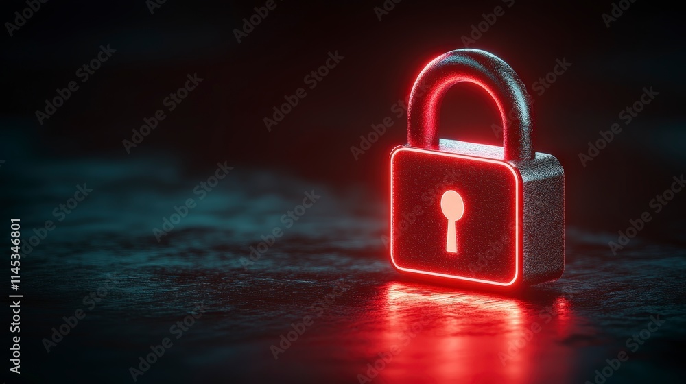 Poster a metallic padlock with glowing red edges and keyhole sits on a dark textured surface. the lock symb