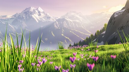 Fototapeta premium Serene Mountain Landscape with Colorful Flowers and Majestic Peaks
