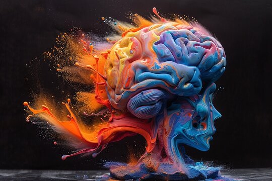 Abstract brain sculpture exploding with vibrant color. A dynamic display of creativity and imagination.
