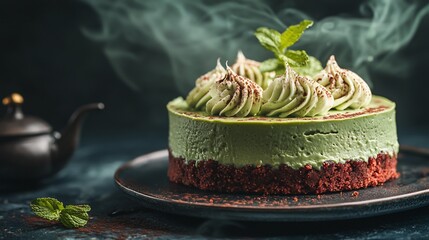Steaming matcha cheesecake with cocoa crust and mint garnish.