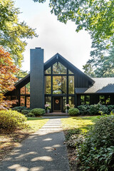 Obraz premium A black modernist house with large glass windows, nestled in the lush greenery of a bungalow-style setting. The front entrance is framed by a towering dark charcoal-colored masonry chimney.