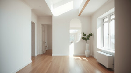 Interior View of Minimalist Room with Hardwood Floors and Skylights