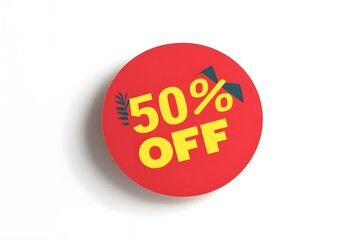 A red circular sticker with the text "50% OFF" in bold yellow font on a plain white background