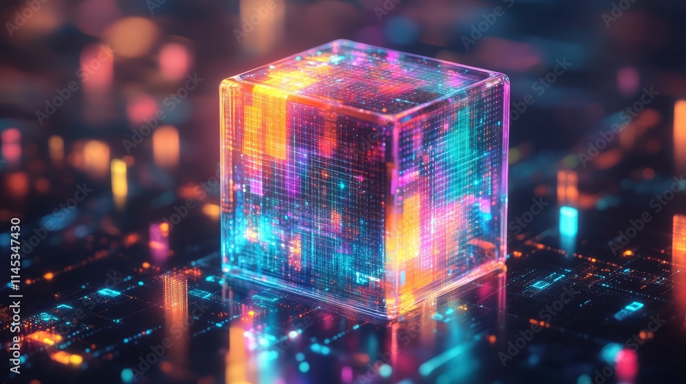 Poster a luminous, translucent cube pulsates with vibrant energy, showcasing intricate lines of light and d