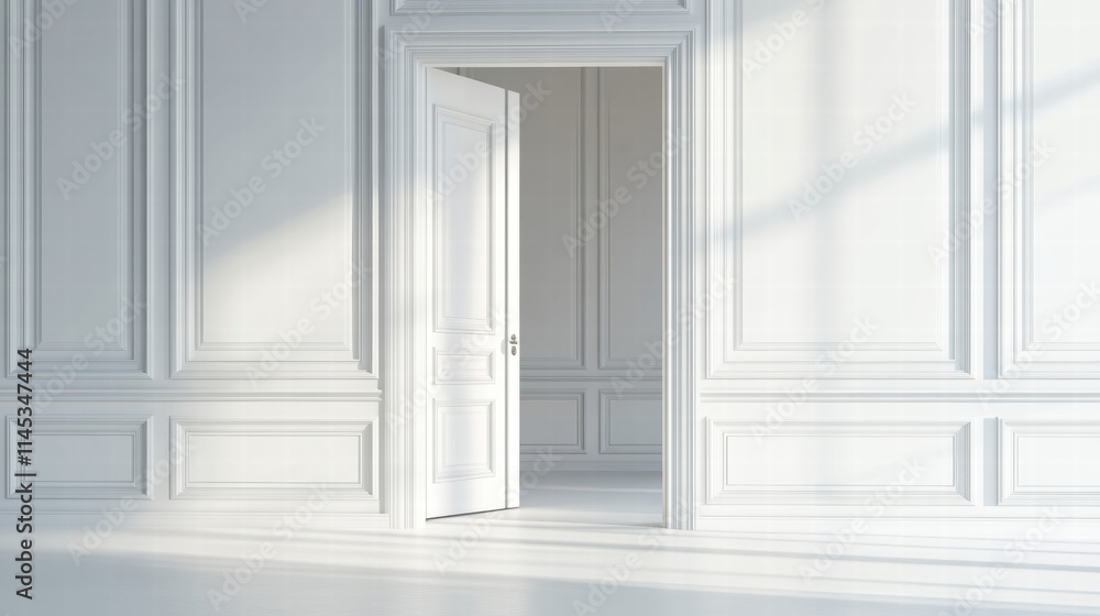 Poster a white door open in an empty room with classic wall paneling. isolated background with copy space