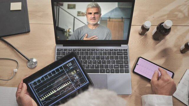 medical realtime online support ,doctor video call mature male patient suffering heart disease,monitoring data with remote application
