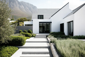 Obraz premium A minimalist modern house in Cape Town with white walls, black windows, and concrete steps leading to the entrance of the home. The garden is lush and green, with an olive tree on one side.