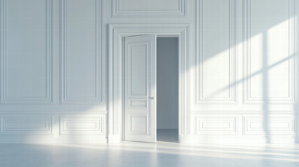 a white door open in an empty room with classic wall paneling. Isolated background with copy space