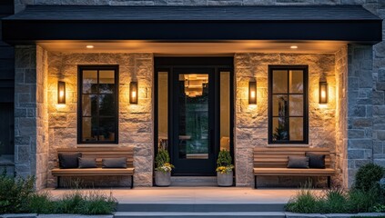 Fototapeta premium Modern Home Entrance with Stone Wall and Benches