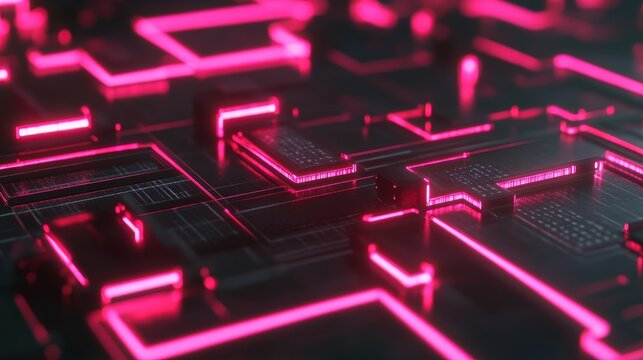 A dark, intricate circuit board pulsates with vibrant pink neon light. Metallic components and etched details add depth to the technological landscape.