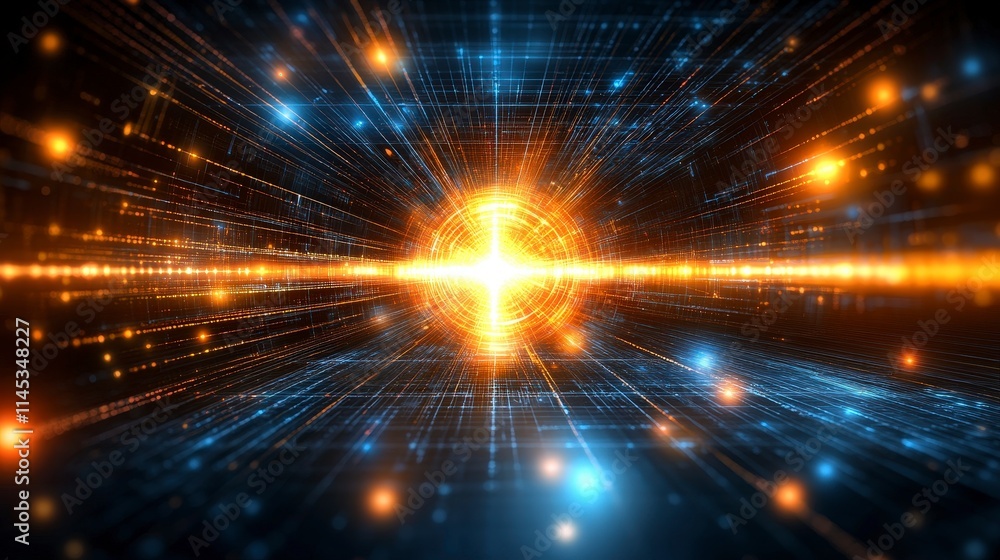 Poster abstract digital tunnel with glowing lights and data streams. futuristic technology concept with bin