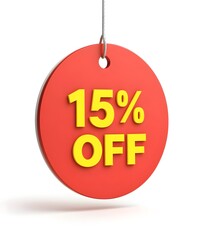 A red circular sticker with the text "15% OFF" in bold yellow font on a plain white background
