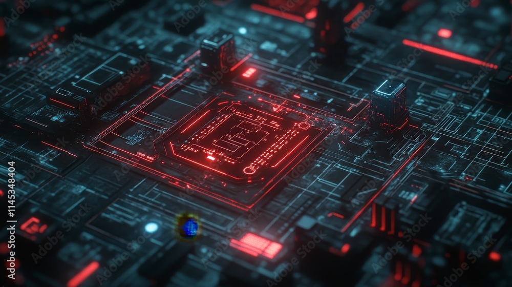 Poster a close-up of a futuristic circuit board with glowing red lights intricate details and complex compo