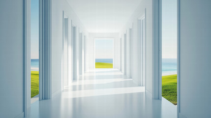 Obraz premium 3D rendering of a white hallway with doors leading to a green field and a sea view, in a minimalistic style, with bright lighting