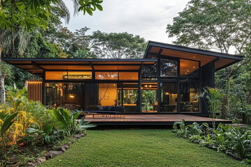 Fototapeta premium A small modernist house in the Amazon jungle, made of black steel and glass with large windows overlooking lush greenery. The structure is designed to blend seamlessly into its natural surroundings.
