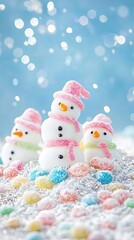 Three adorable snowmen in winter wonderland scene