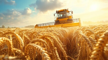 Obraz premium Golden Wheat Field With Harvesting Combine